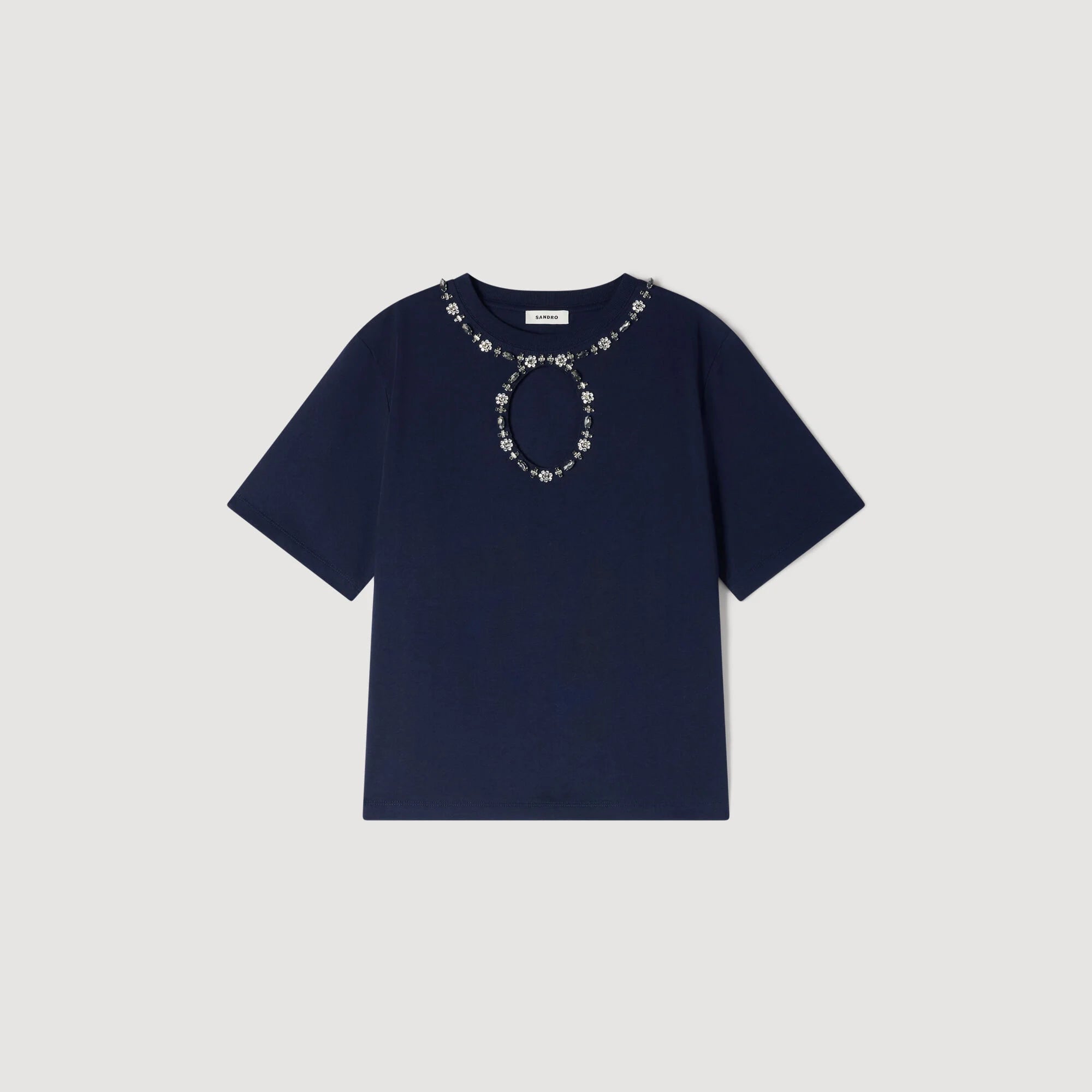 Santafe Rhinestone Openwork T-Shirt Navy Blue