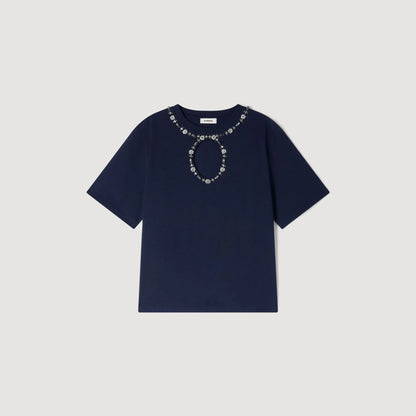 Santafe Rhinestone Openwork T-Shirt Navy Blue