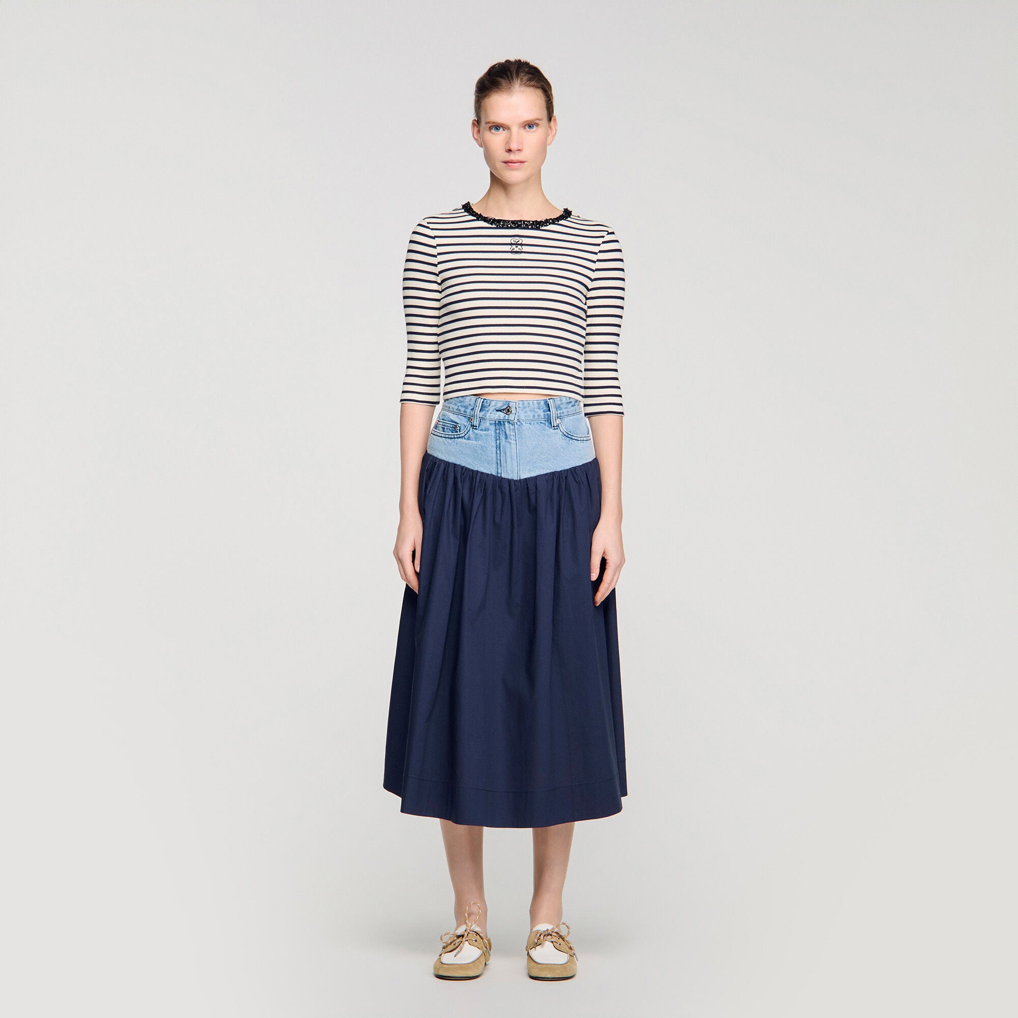 Aubin Short Striped Tee With Pearl Collar Navy Blue