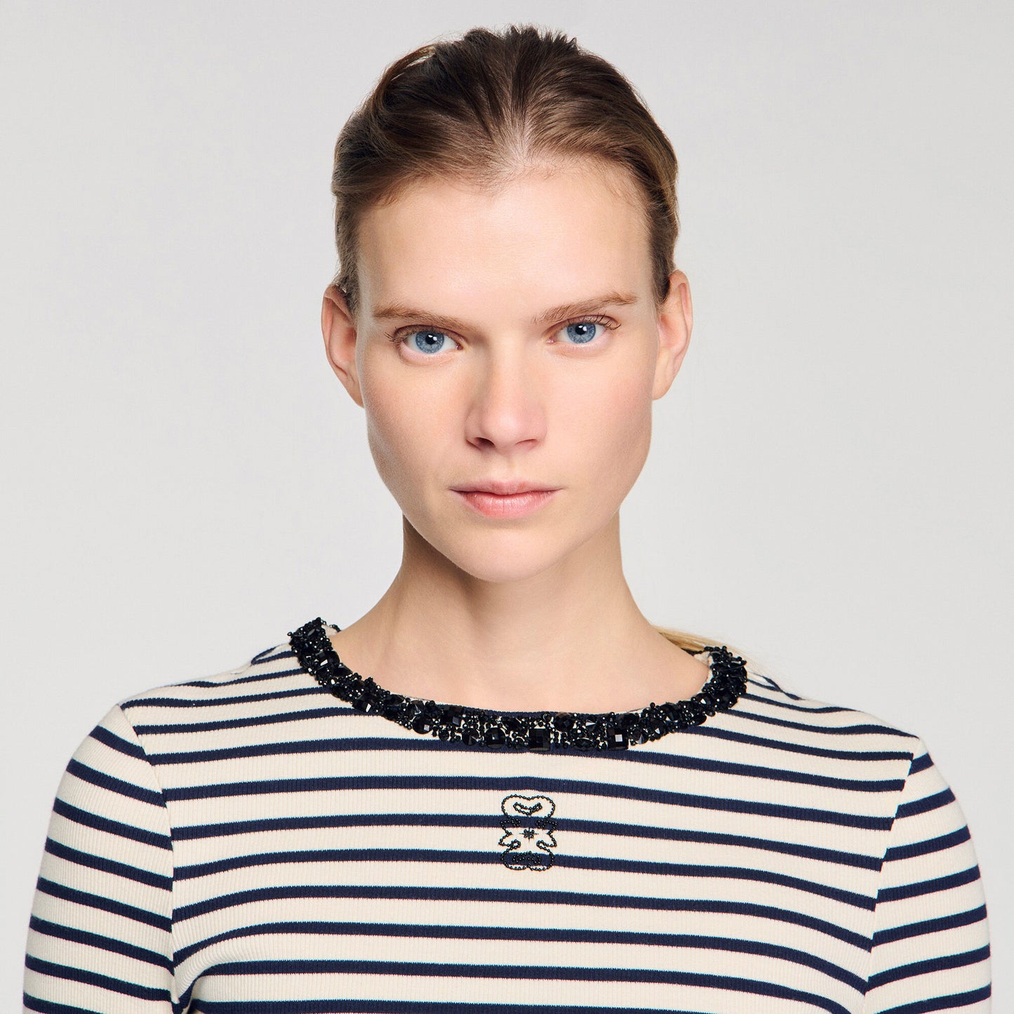 Aubin Short Striped Tee With Pearl Collar Navy Blue
