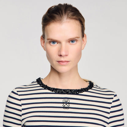 Aubin Short Striped Tee With Pearl Collar Navy Blue