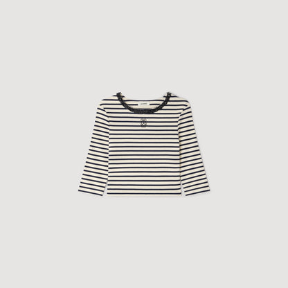 Aubin Short Striped Tee With Pearl Collar Navy Blue