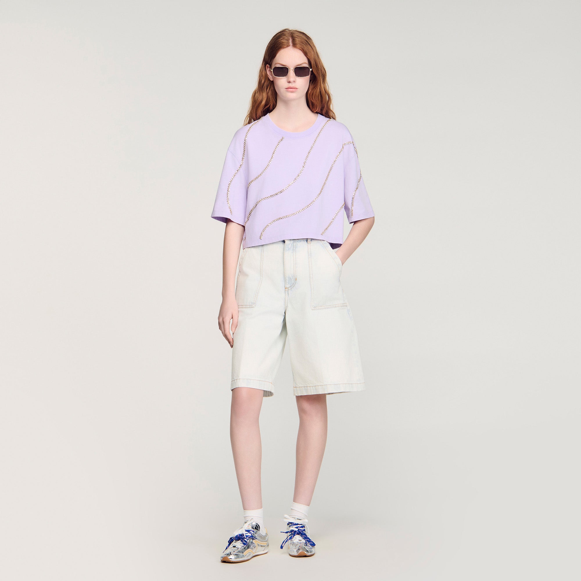 Strass Wave Rhinestone Cropped T-Shirt Mauve