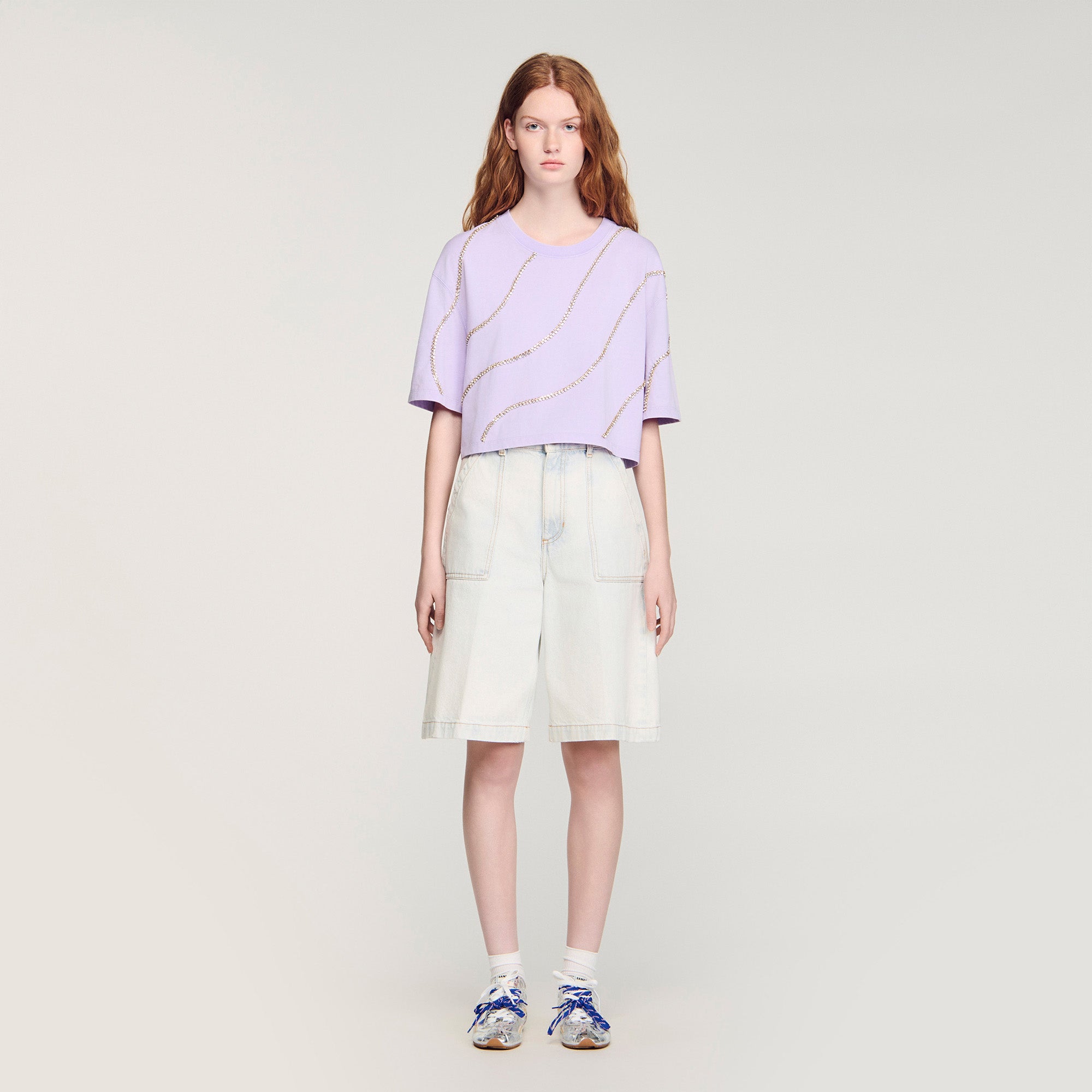 Strass Wave Rhinestone Cropped T-Shirt Mauve