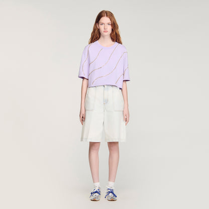 Strass Wave Rhinestone Cropped T-Shirt Mauve