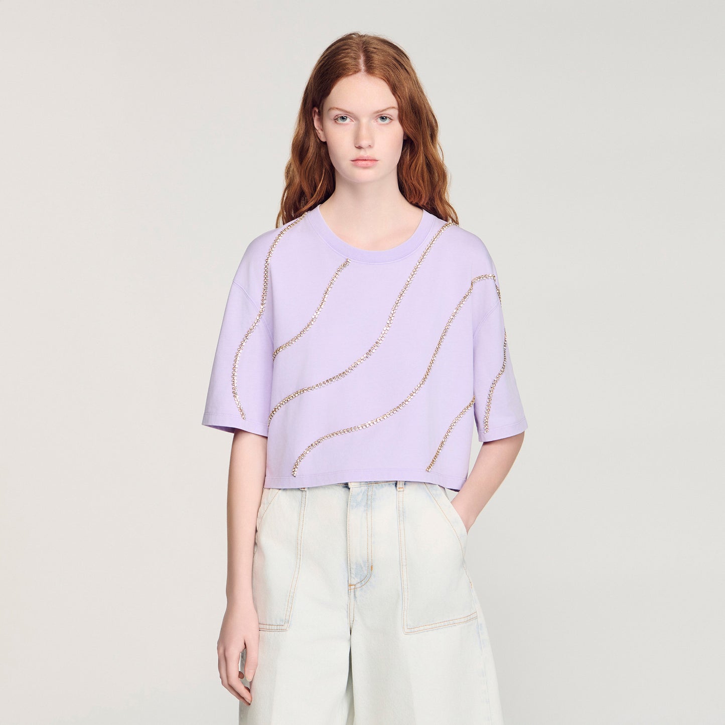 Strass Wave Rhinestone Cropped T-Shirt Mauve