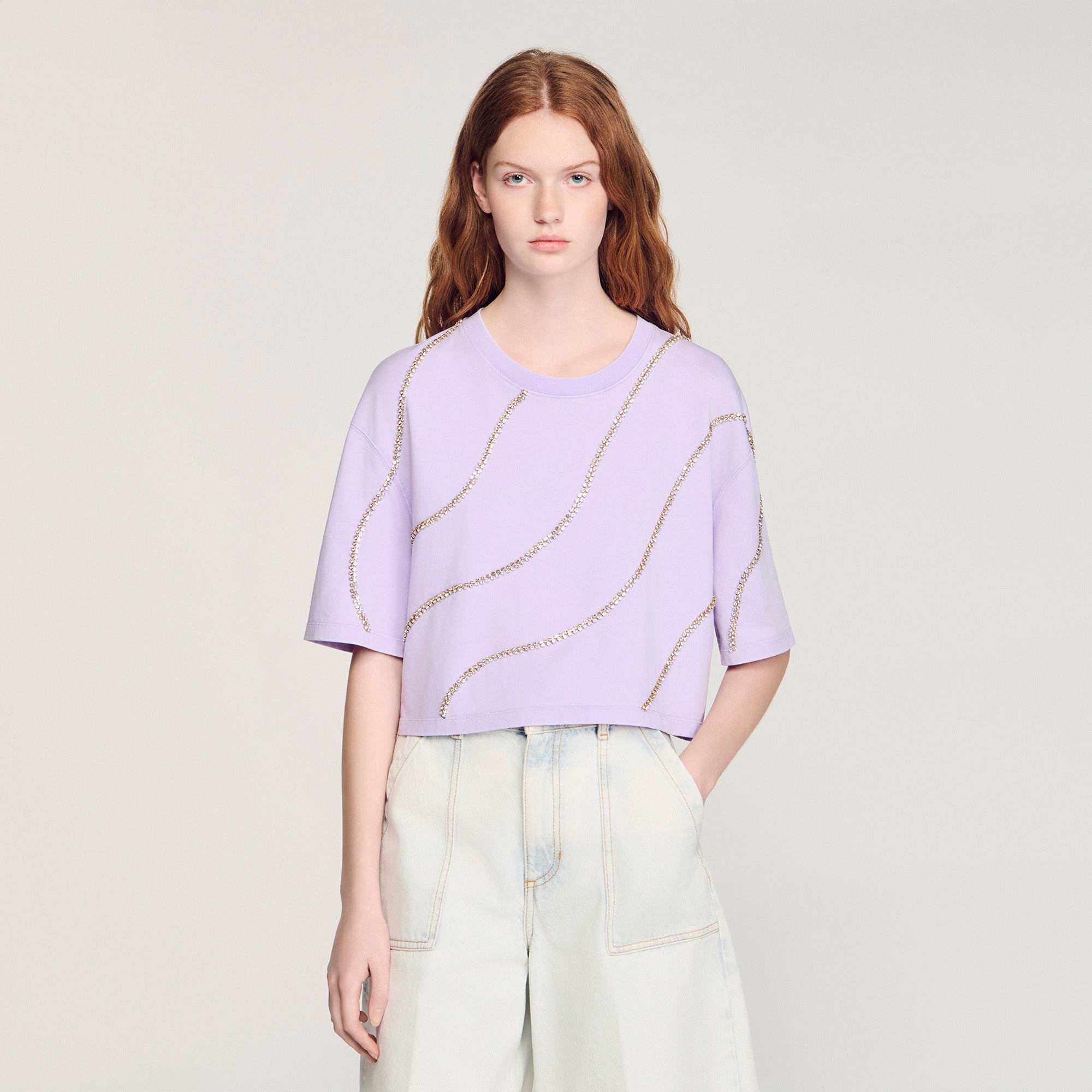 Strass Wave Rhinestone Cropped T-Shirt Mauve