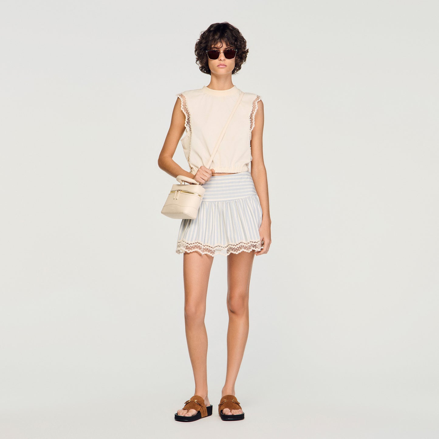 Noemi Cropped Cotton T-Shirt With Lace Ecru