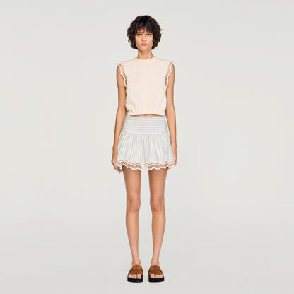 Noemi Cropped Cotton T-Shirt With Lace Ecru