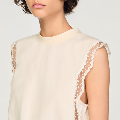 Noemi Cropped Cotton T-Shirt With Lace Ecru
