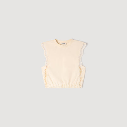 Noemi Cropped Cotton T-Shirt With Lace Ecru