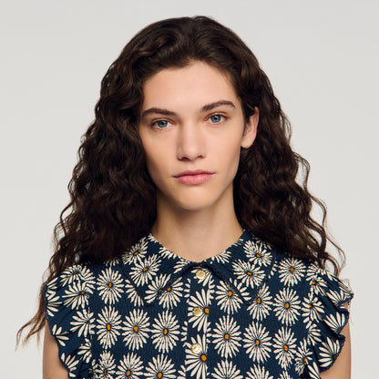 Flower Print Smocked T Shirt Deep Blue Ocher
