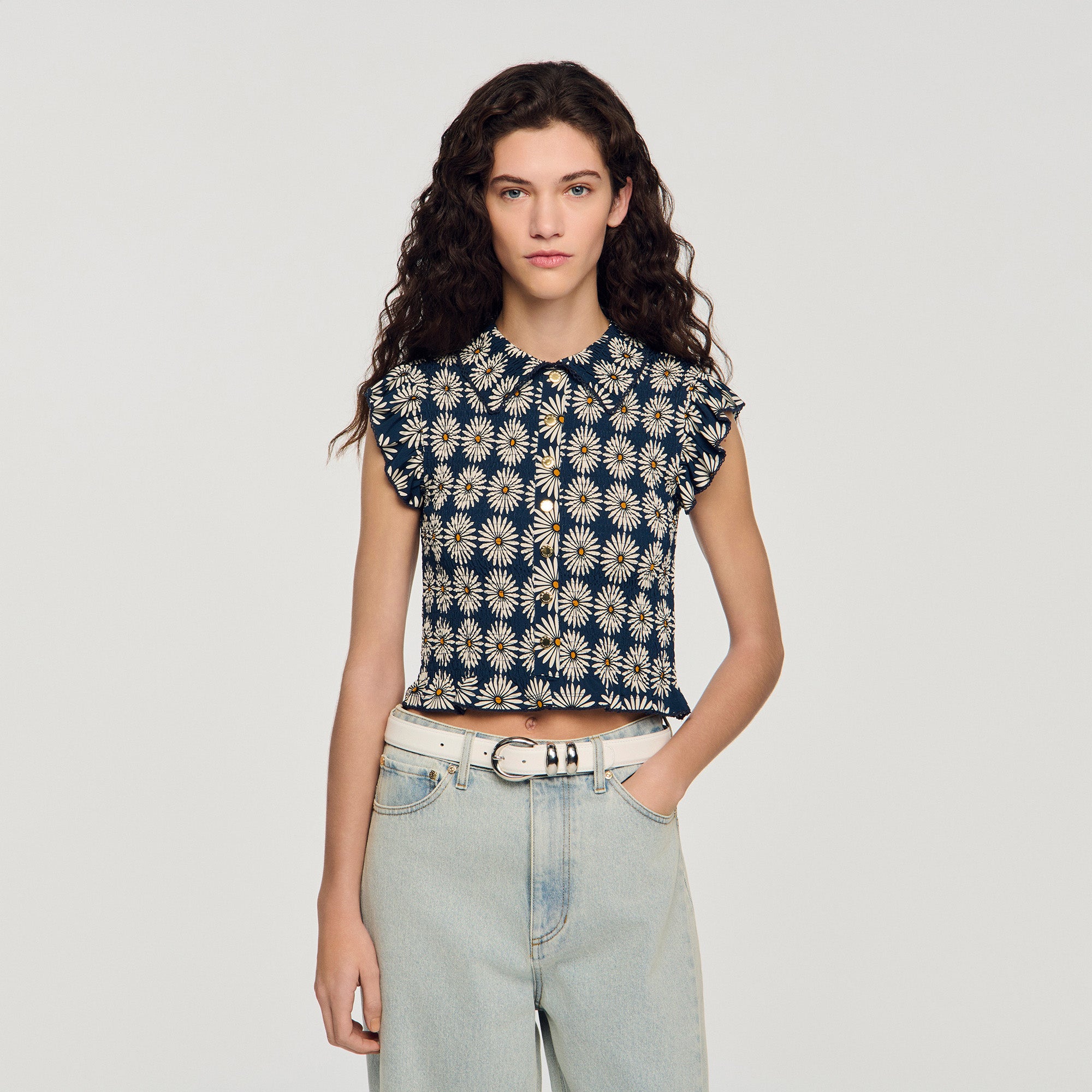 Flower Print Smocked T Shirt Deep Blue Ocher