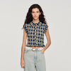 Flower Print Smocked T Shirt Deep Blue Ocher