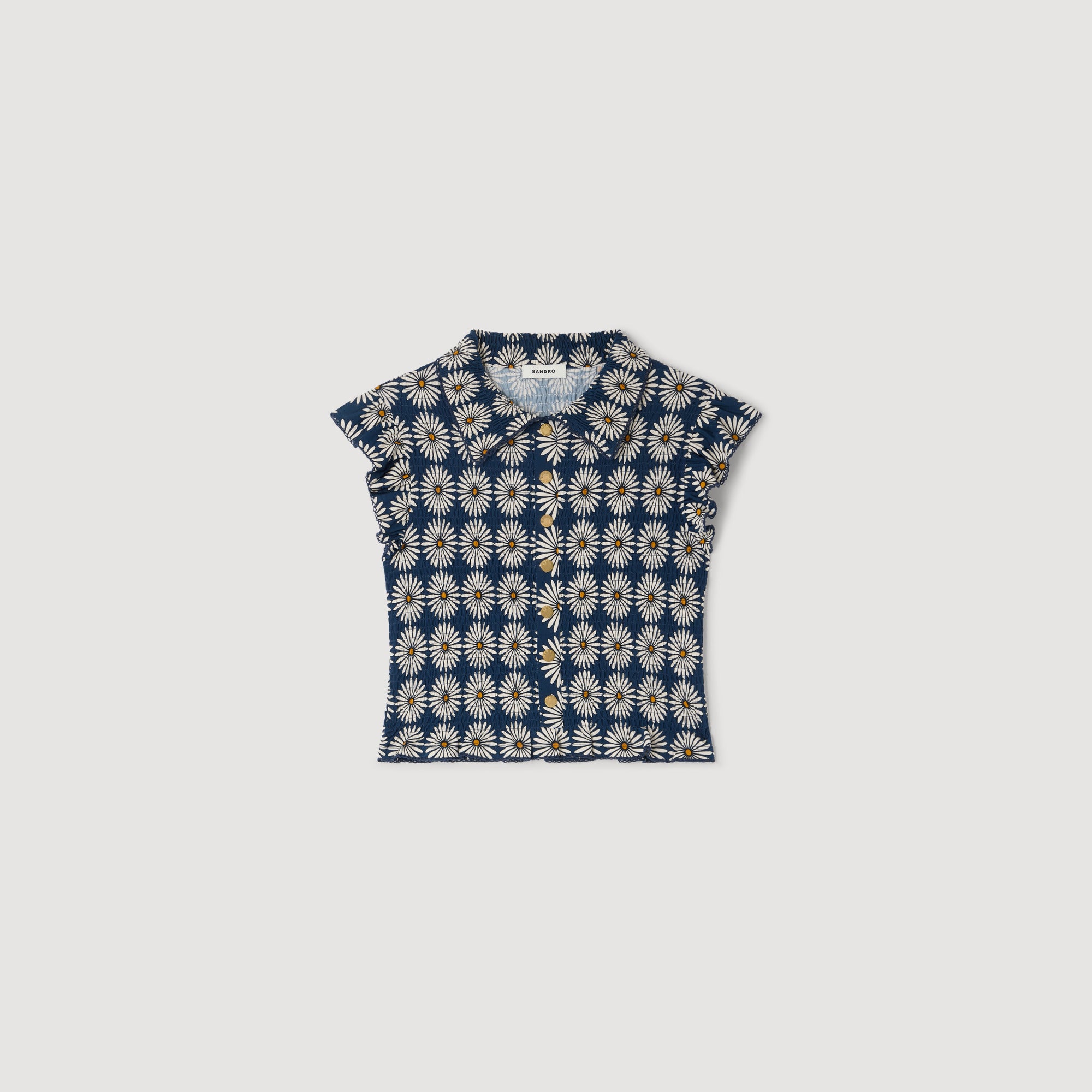 Flower Print Smocked T Shirt Deep Blue Ocher
