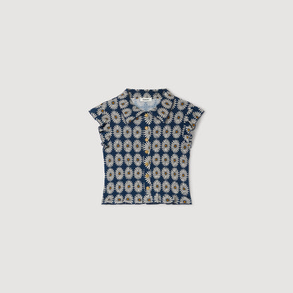 Flower Print Smocked T Shirt Deep Blue Ocher