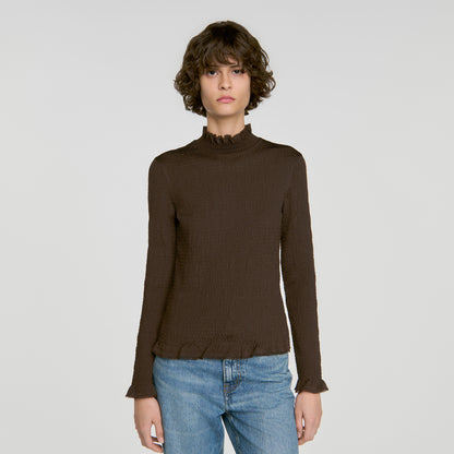 Lya Smocked T-shirt with ruffle collar Brown
