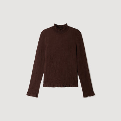Lya Smocked T-shirt with ruffle collar Brown