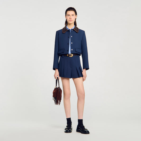 Annaig Cropped Jacket With Leather Collar Navy Blue