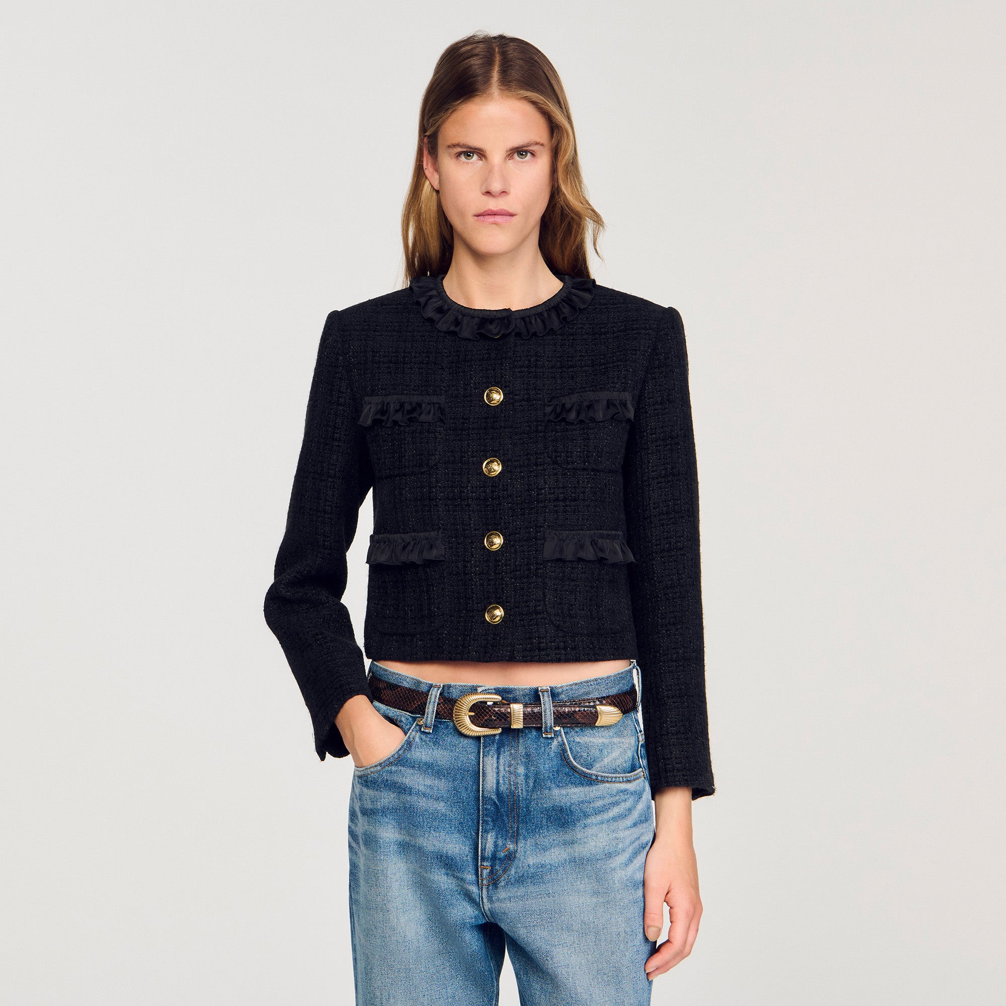 Jillora Ruffled Tweed Jacket Black