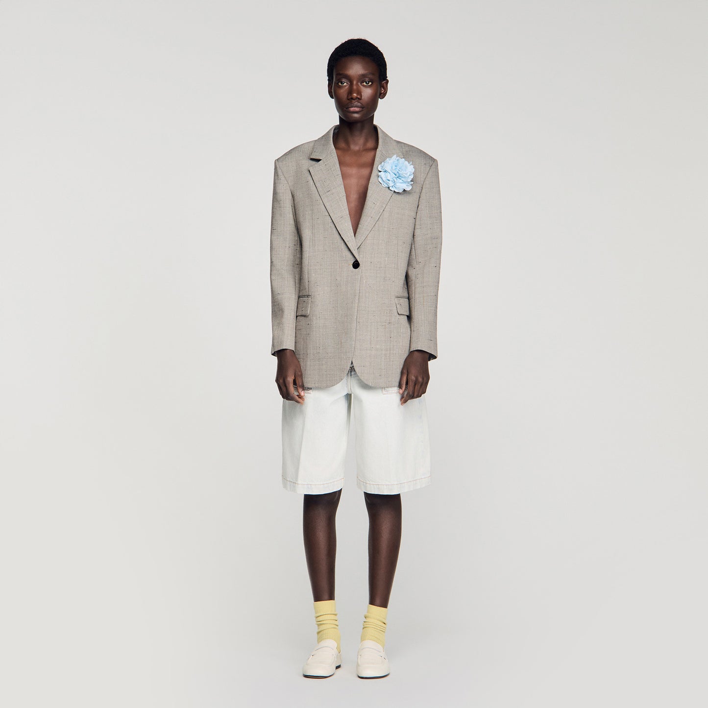 Layden Checked Wool Jacket With Brooch GREIGE