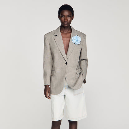 Layden Checked Wool Jacket With Brooch GREIGE
