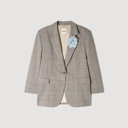 Layden Checked Wool Jacket With Brooch GREIGE