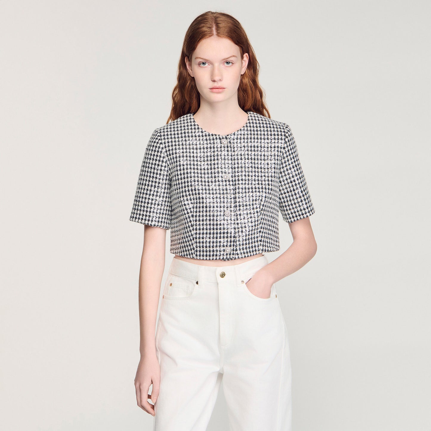 Flo Cropped Houndstooth Tweed Jacket Black / White