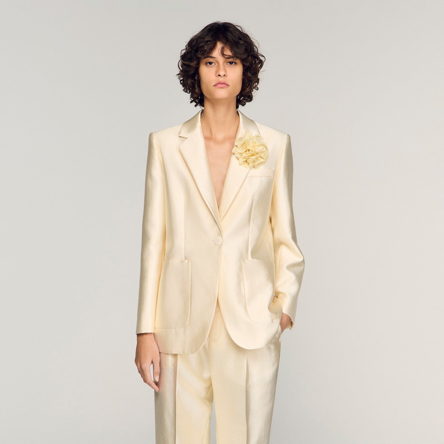 Satin Jacket With Flower Detail Cream