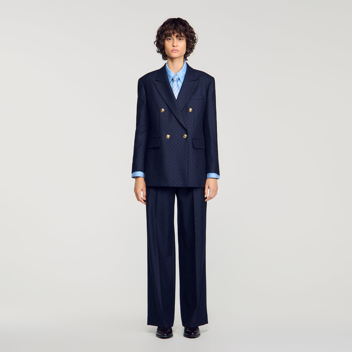 Flore Rhinestone wool suit jacket Navy Blue