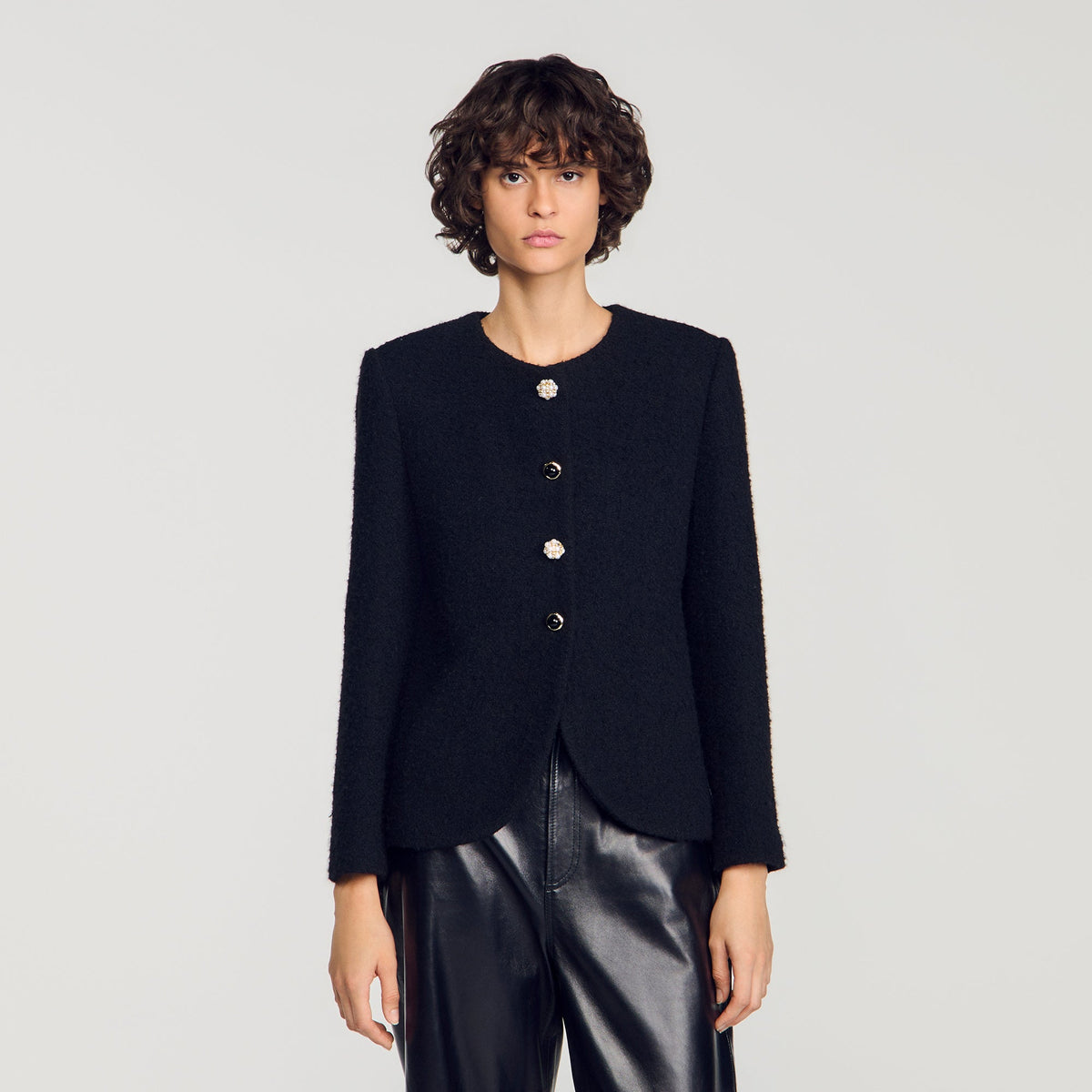 Luck Decorative Button Tweed Jacket Black