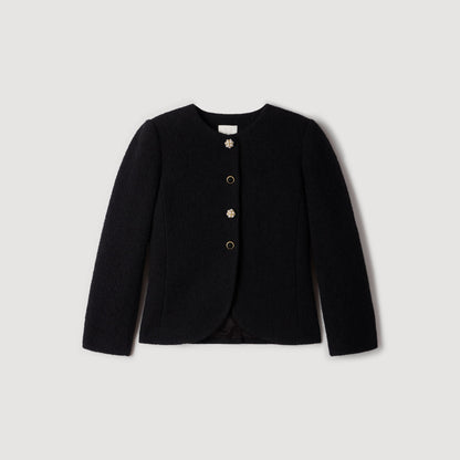 Luck Decorative Button Tweed Jacket Black