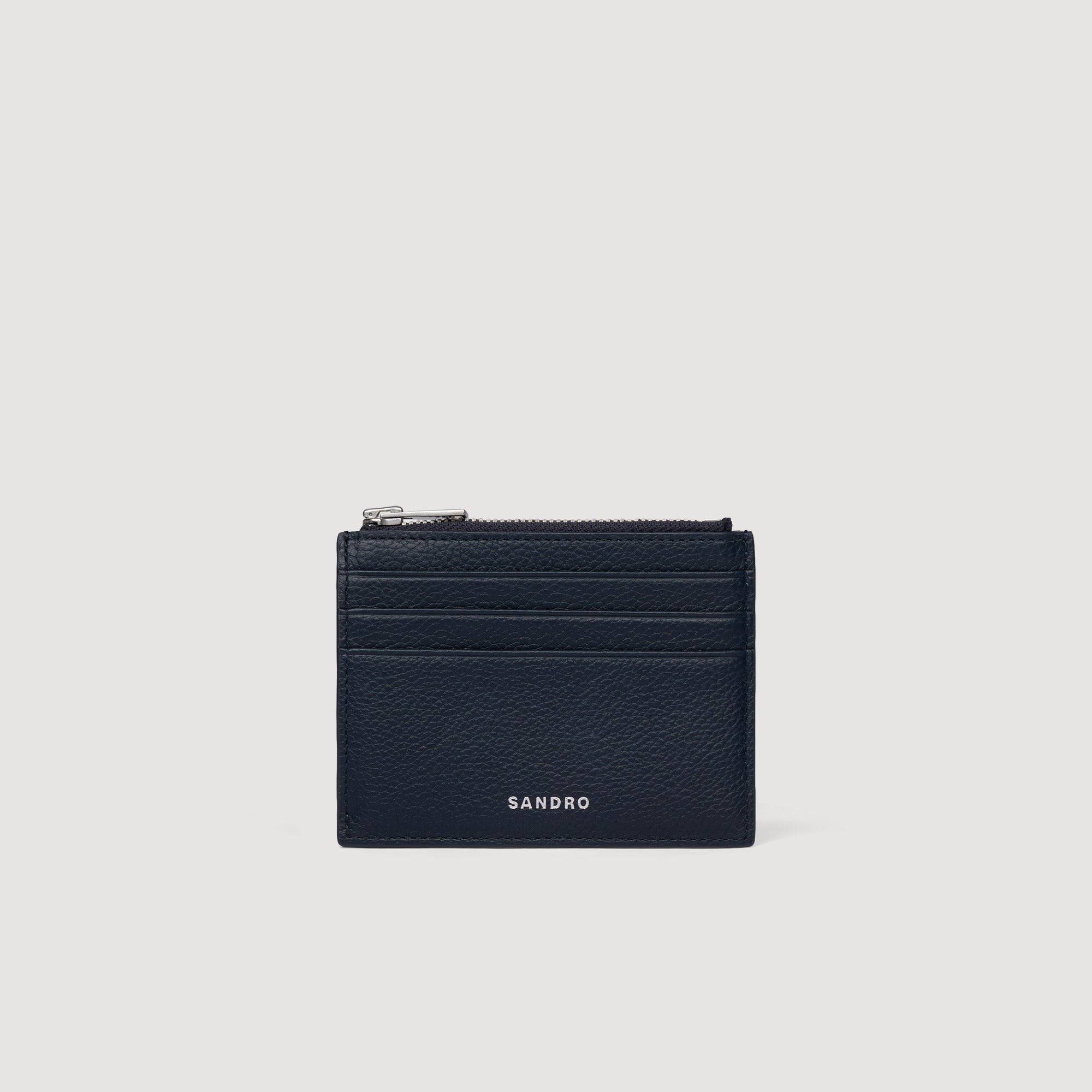 Grained Leather Zip Card Holder Navy Blue