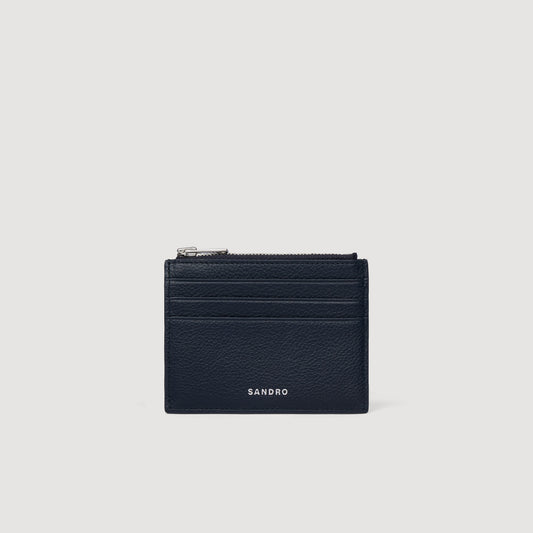 New Zipper Grained Leather Zip Card Holder Navy Blue