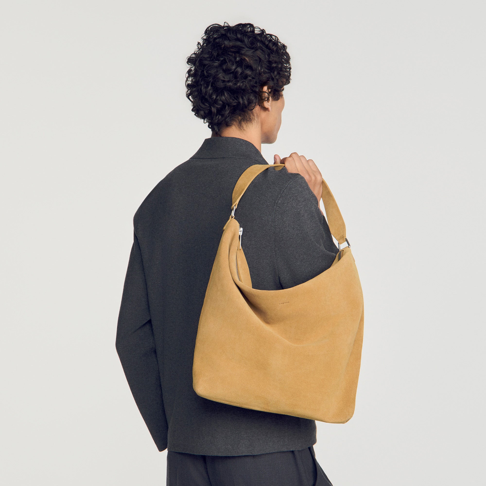 Soft Bag Small Suede Leather hobo bag with logo Camel