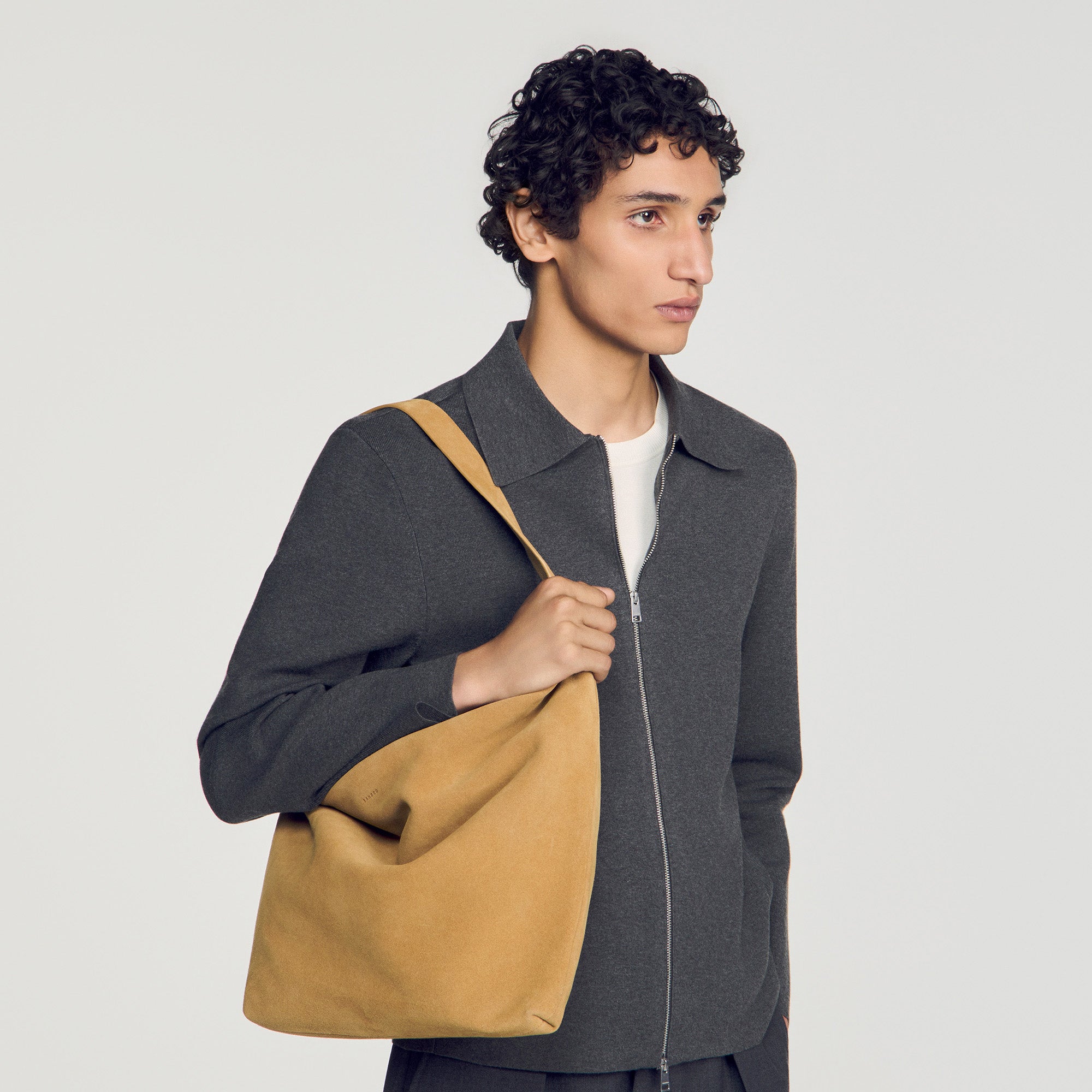 Soft Bag Small Suede Leather hobo bag with logo Camel