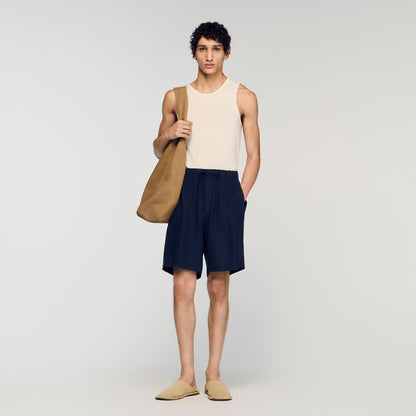 Linen Short Elastic Waist Linen Shorts Navy Blue