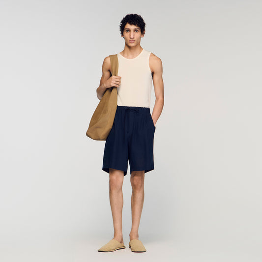 Linen Short Elastic Waist Linen Shorts Navy Blue