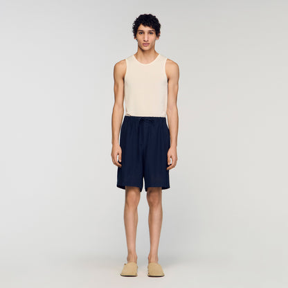 Linen Short Elastic Waist Linen Shorts Navy Blue