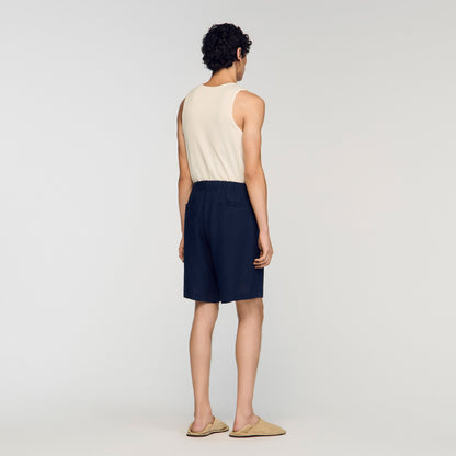 Linen Short Elastic Waist Linen Shorts Navy Blue