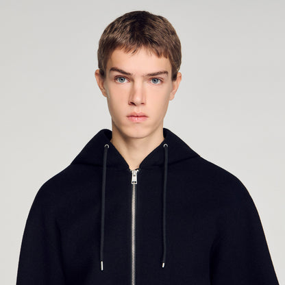 Hoodie Double Face Hooded Zip-Up Wool Jacket Black