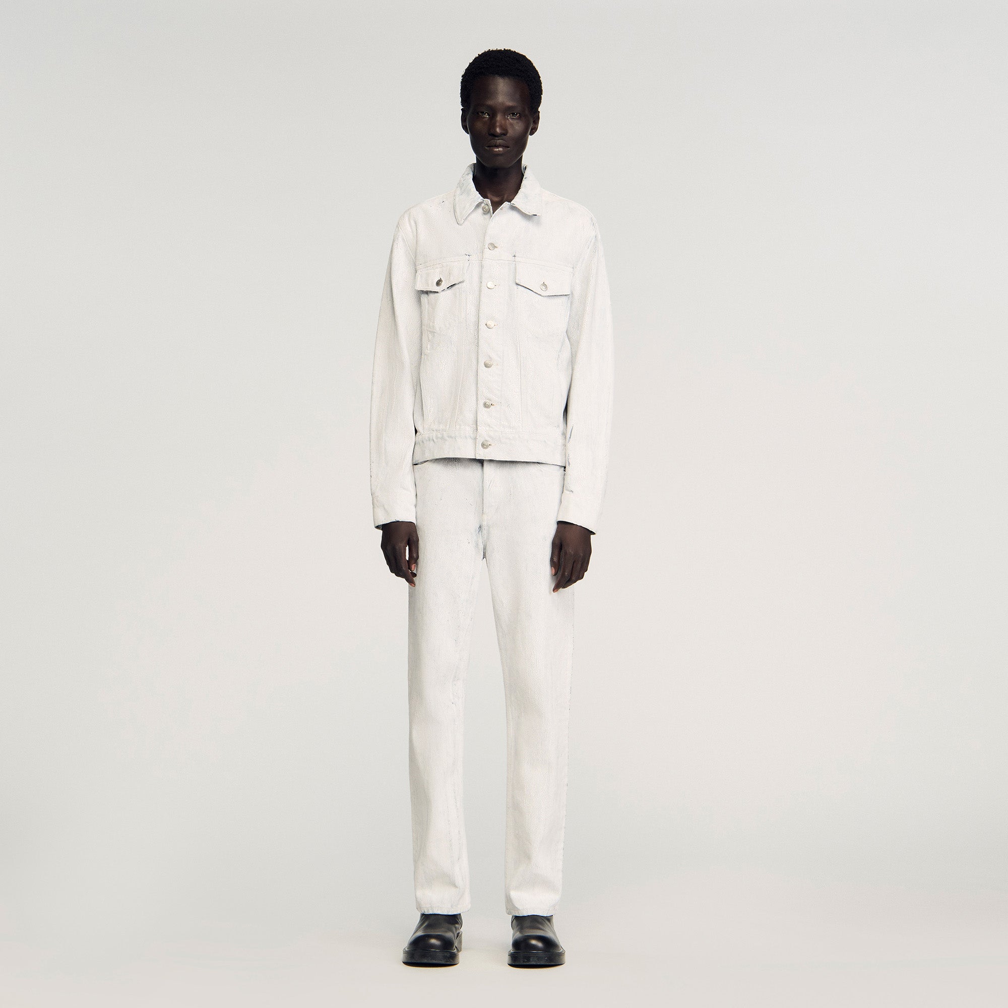 Trucker Crackled White Cracked Coated Denim Jacket White