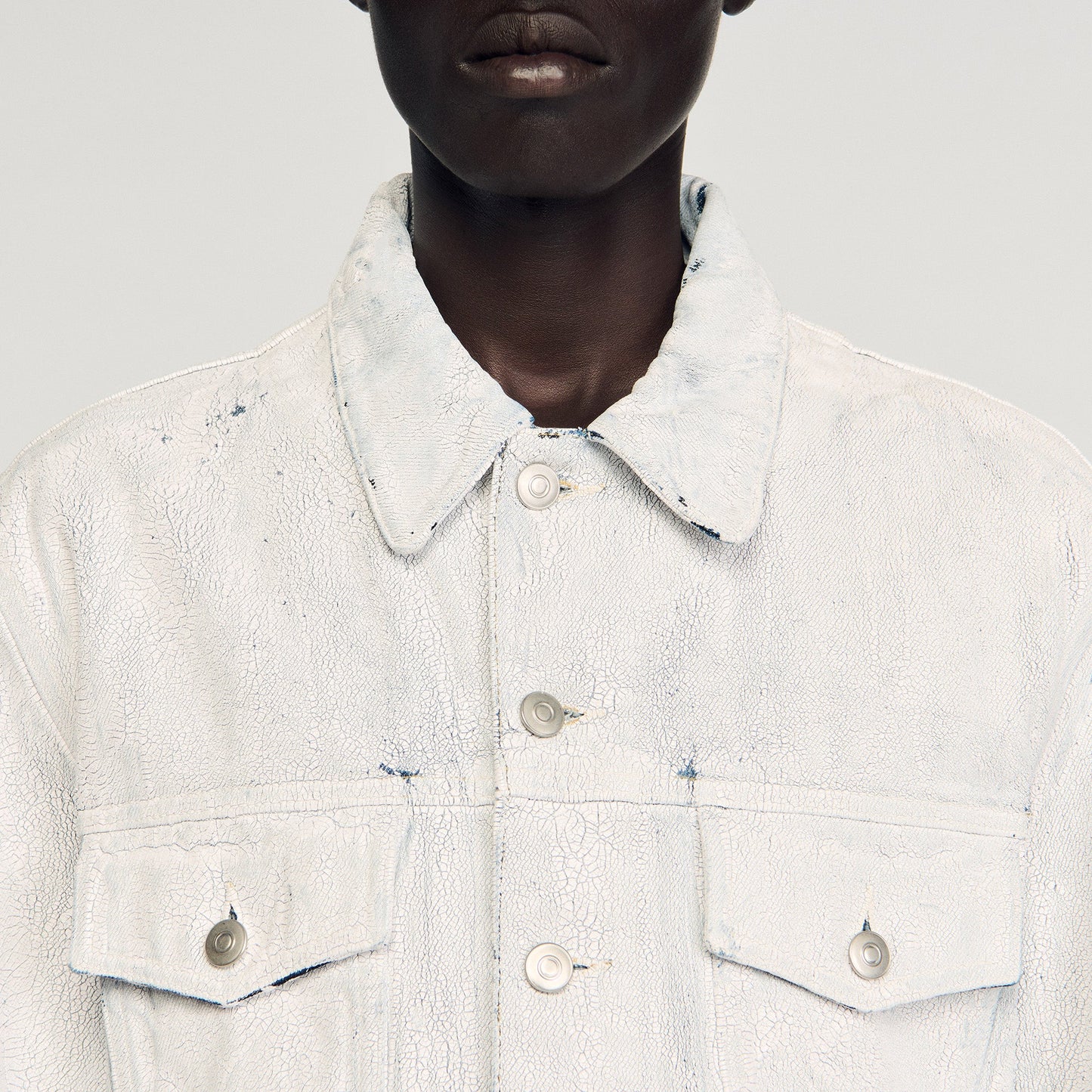 Trucker Crackled White Cracked Coated Denim Jacket White