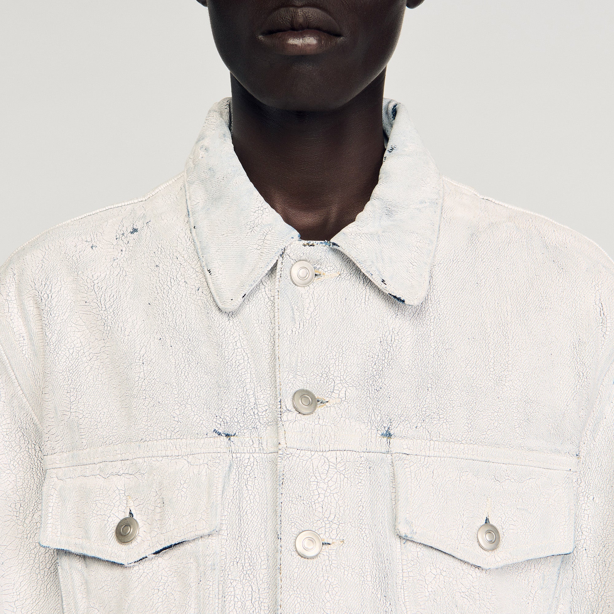 Trucker Crackled White Cracked Coated Denim Jacket White