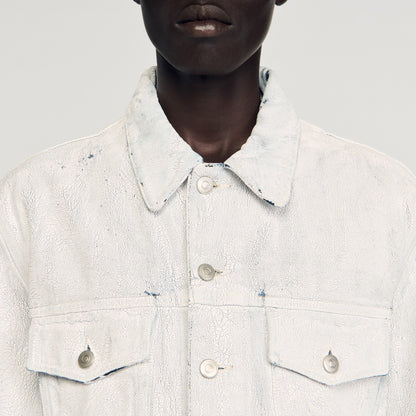 Trucker Crackled White Cracked Coated Denim Jacket White