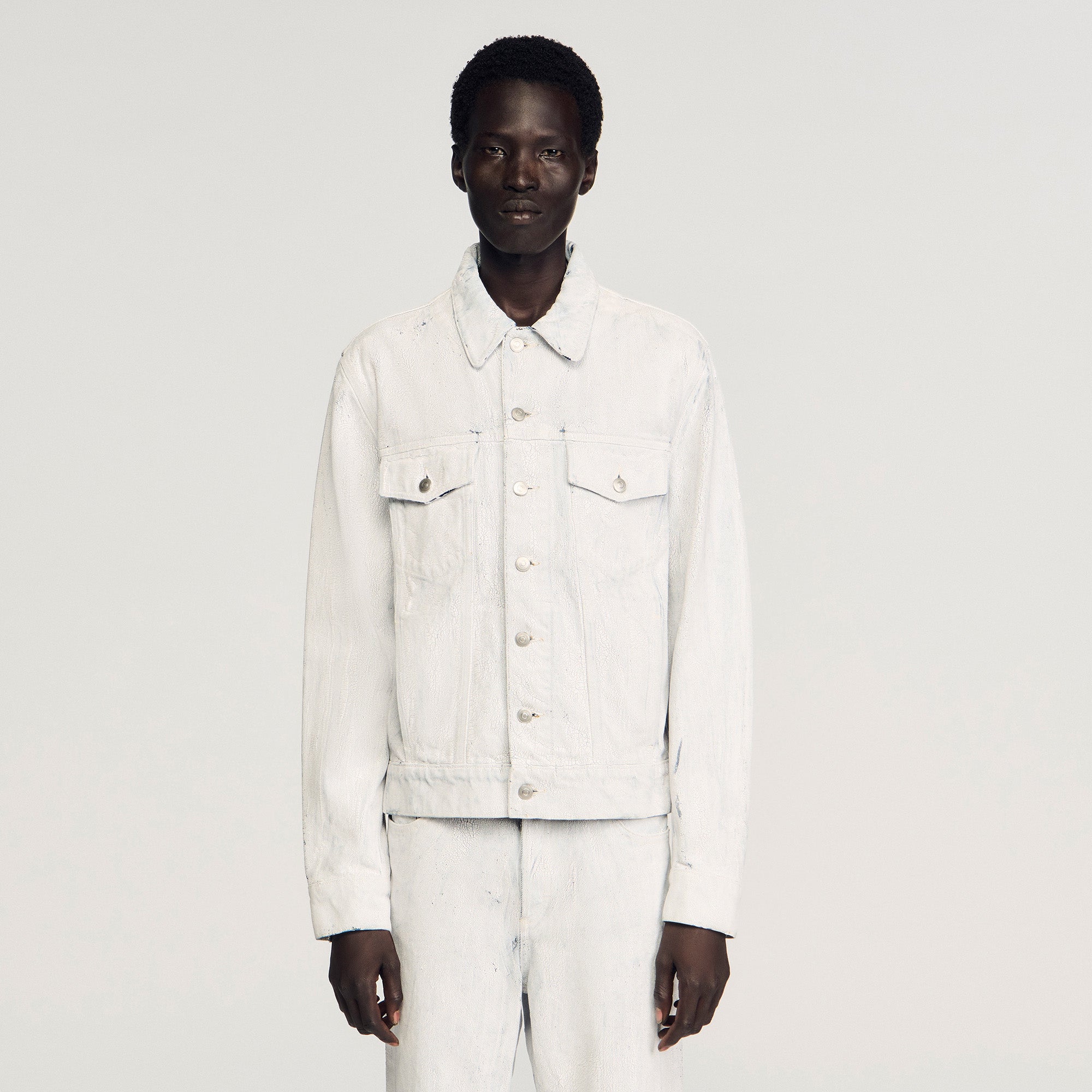 Trucker Crackled White Cracked Coated Denim Jacket White