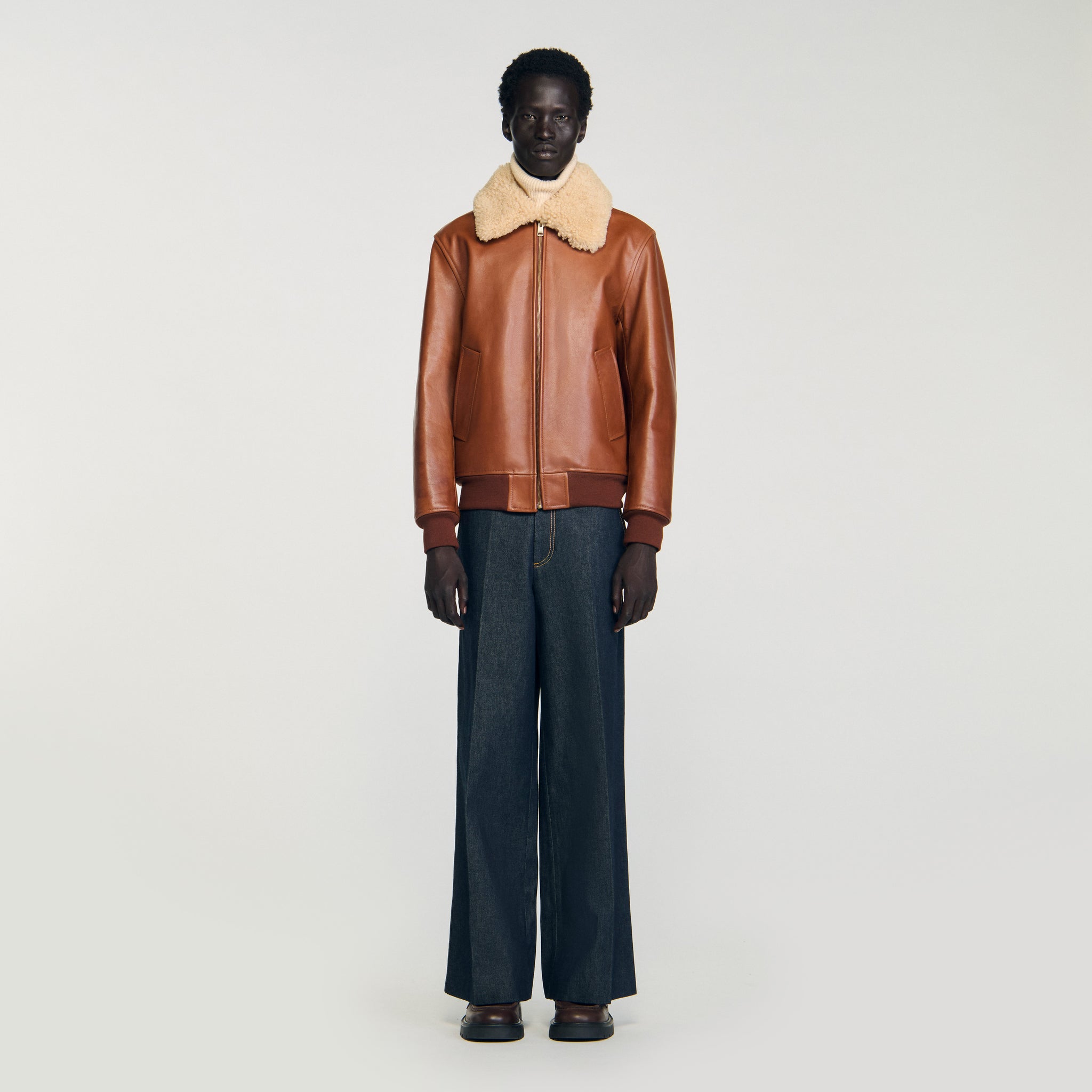 Leather Aviator Leather Jacket With Fur Collar Cognac