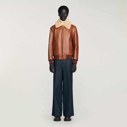 Leather Aviator Leather Jacket With Fur Collar Cognac