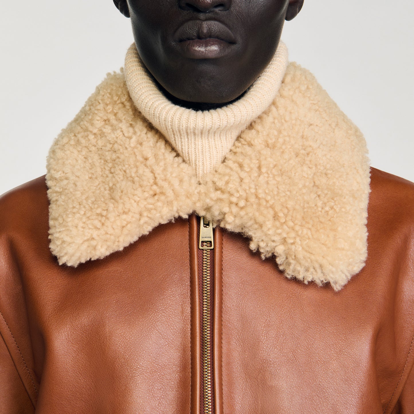 Leather Aviator Leather Jacket With Fur Collar Cognac