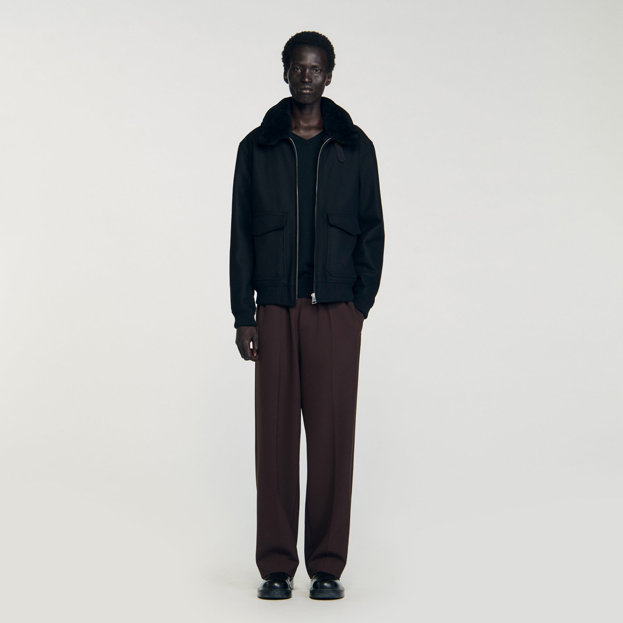 Aviator Wool Aviator Jacket With Shearling Black